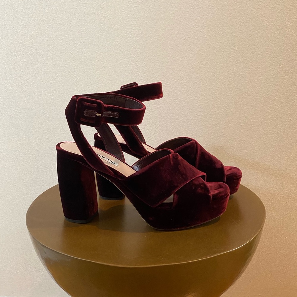 Miu Miu Velvet Platform Sandals in Burgundy